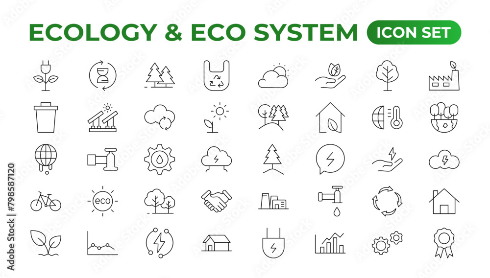 Ecology icon set. Ecofriendly icon, nature icons set. Linear ecology icons. Environmental sustainability simple symbol. Simple Set of  Line Icons.Global Warming, Forests, Organic Farming.