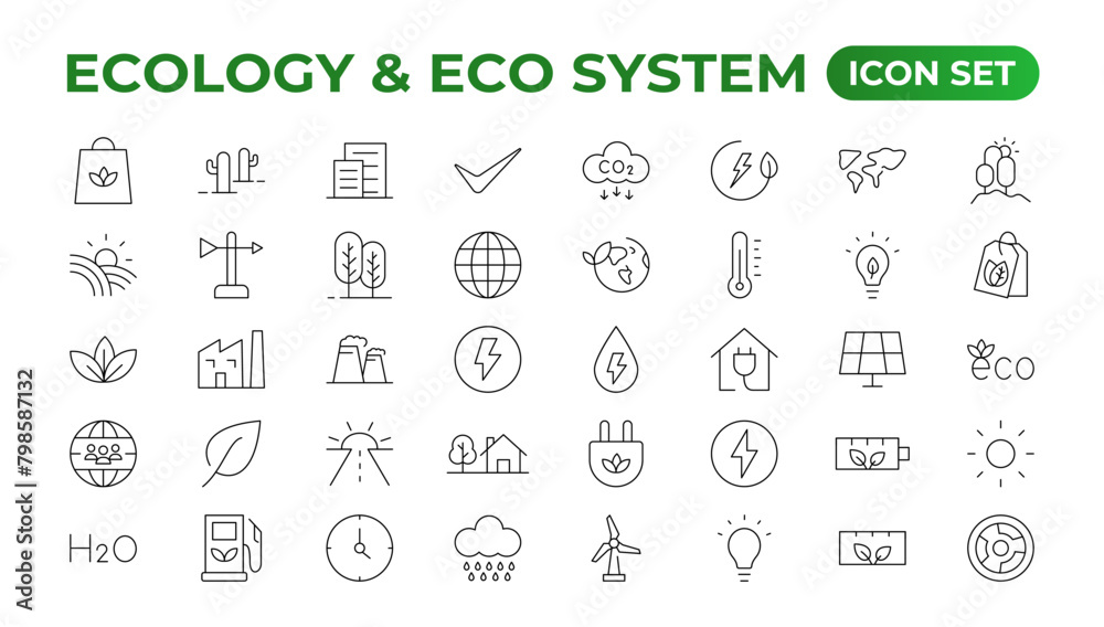 Ecology icon set. Ecofriendly icon, nature icons set. Linear ecology icons. Environmental sustainability simple symbol. Simple Set of  Line Icons.Global Warming, Forests, Organic Farming.