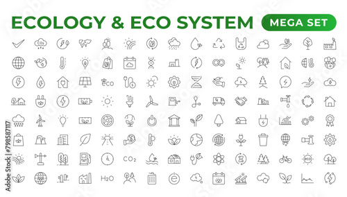 Ecology icon set. Ecofriendly icon, nature icons set. Linear ecology icons. Environmental sustainability simple symbol. Simple Set of Line Icons.Global Warming, Forests, Organic Farming.