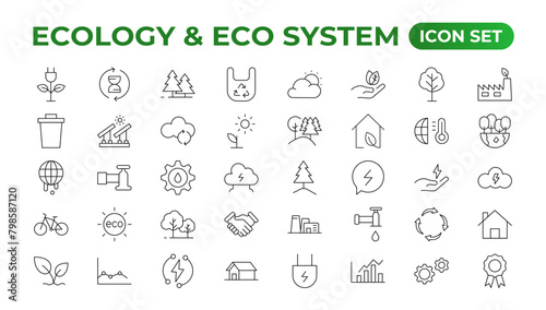 Ecology icon set. Ecofriendly icon, nature icons set. Linear ecology icons. Environmental sustainability simple symbol. Simple Set of Line Icons.Global Warming, Forests, Organic Farming.