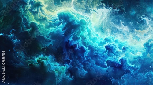 Fluid motion waves in a cosmic palette of indigo and cosmic green