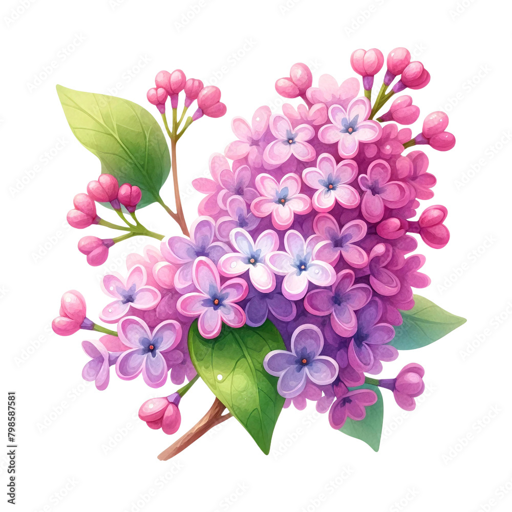 This illustration captures the delicate beauty of lilac blossoms in shades of pink and purple, accompanied by fresh green leaves.