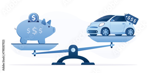 Piggy bank and new car on unbalanced scales. Difficult choice between savings and buying auto. Profit from savings outweighs the purchase of a new vehicle. Money management