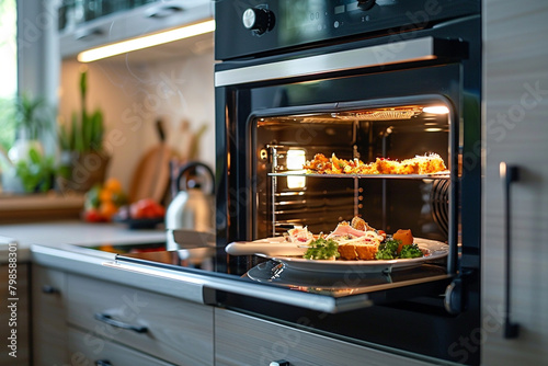 A sleek built-in microwave oven with sensor cooking technology heating up a plate of leftovers. photo