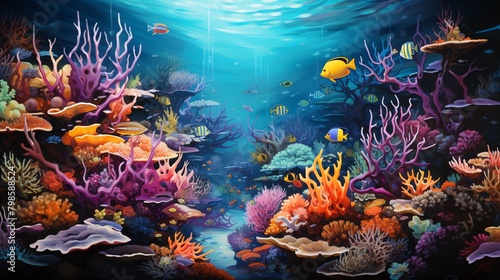 Craft a vibrant acrylic painting portraying the essence of utopian dreams below the surface, featuring a colorful array of marine life and serene underwater landscapes