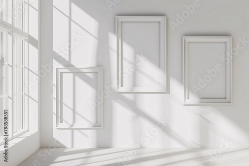 A collection of realistic photo frames in various orientations including square, portrait, and landscape, designed as a mockup with shadows for a versatile display.