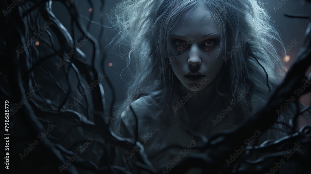 Delve into the eerie atmosphere of a hidden entity lurking in the shadows with a digital photorealistic rendering, utilizing dynamic lighting for a hair-raising effect Delve into the eerie atmosphere of a hidden entity lurking in the shadows with a digital photorealistic rendering, utilizing dynamic lighting for a hair-raising effect