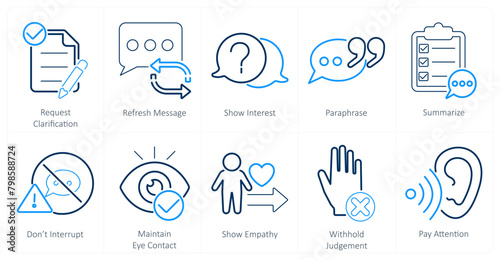 A set of 10 active listening icons as request clarification, refresh message, show interest
