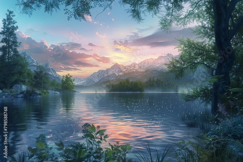 Illustrate a peaceful lakeside scene at twilight photo