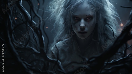 Delve into the eerie atmosphere of a hidden entity lurking in the shadows with a digital photorealistic rendering, utilizing dynamic lighting for a hair-raising effect