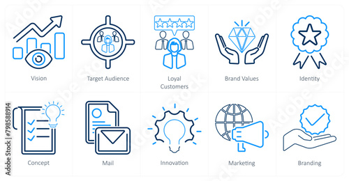 A set of 10 branding icons as vision, target audience, loyal customers