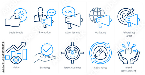 A set of 10 branding icons as social media, promotion, advertisement