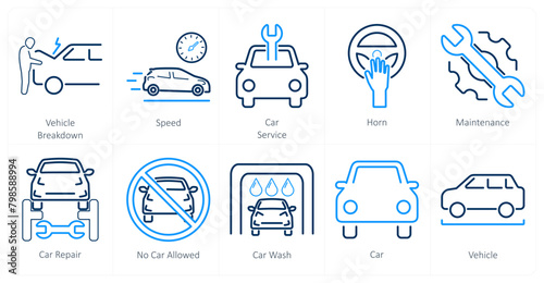 A set of 10 car icons as vehicle, speed, car service