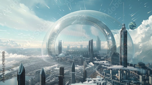 Design a futuristic sci-fi setting where a colossal glass dome encases a bustling metropolis, showcasing advanced CG 3D structures against a backdrop of awe-inspiring virtual skies photo