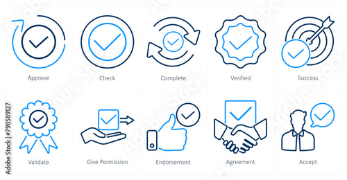 A set of 10 checkmark icons as approve, check, complete