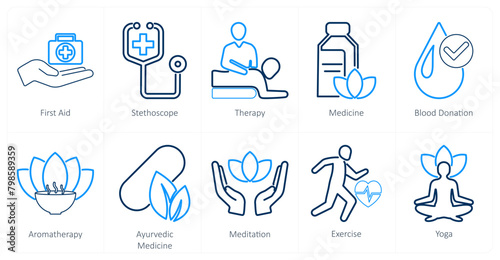 A set of 10 mix icons as first aid, stethoscope, therapy