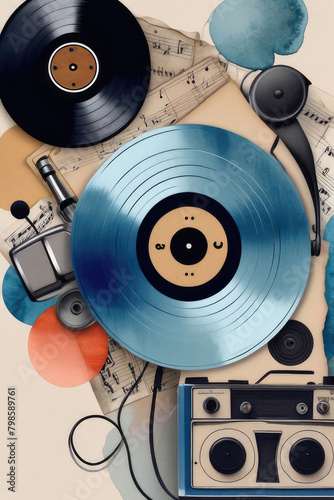 Different music-related elements such as vinyl records, headphones and turntable.