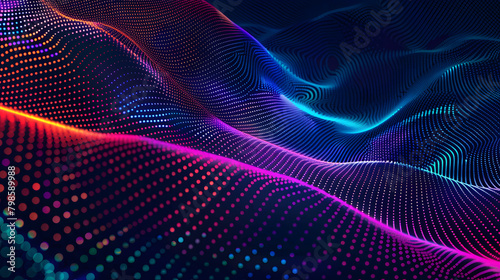 Multi-colored dots glowing with neon light form large waves