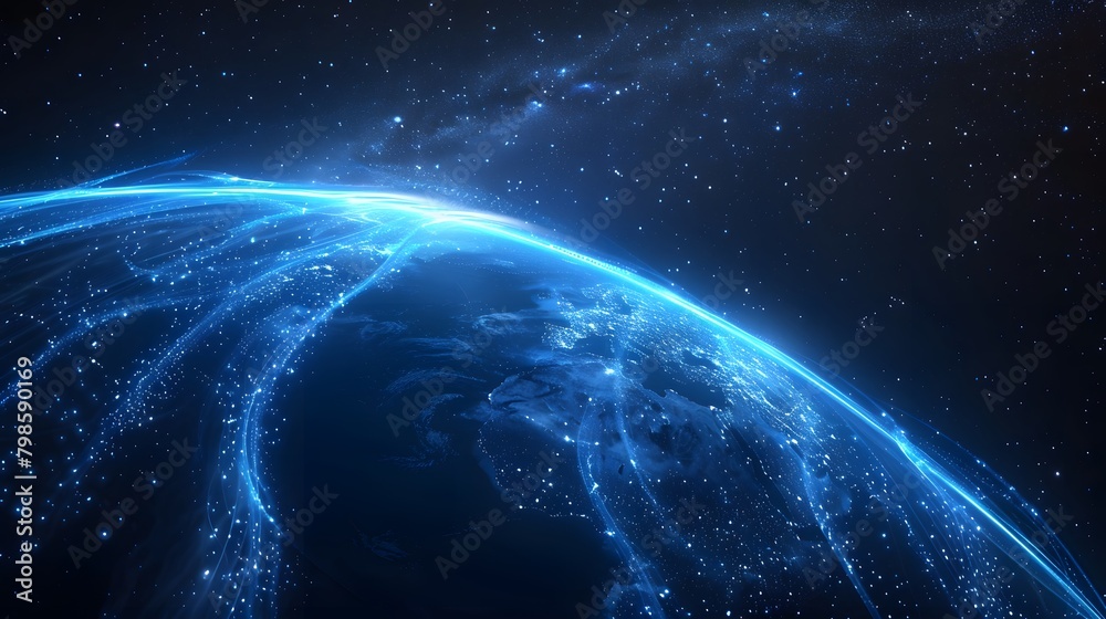 This abstract piece depicts the Earth in 3D space, surrounded by blue wavy dotted lines, with abstract blue lights around the planet.