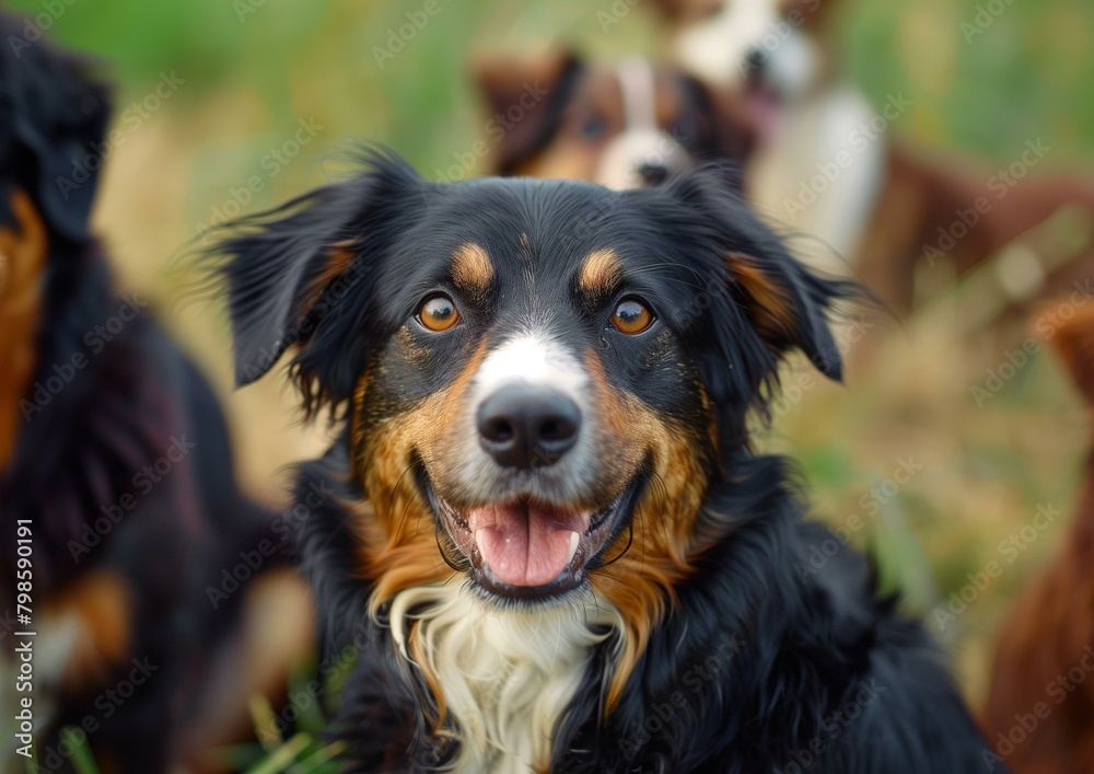Happy Black Tri Australian Shepherd Dog Smiling in Nature Outdoor Scene Happy Black Tri Australian Shepherd Dog Smiling in Nature Outdoor Scene