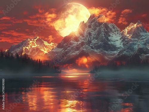 Fiery Sky and Serene Reflection in Cosmic Landscape