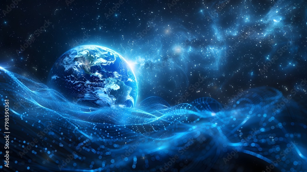 This abstract piece depicts the Earth in 3D space, surrounded by blue wavy dotted lines, with abstract blue lights around the planet. - obrazy, fototapety, plakaty 