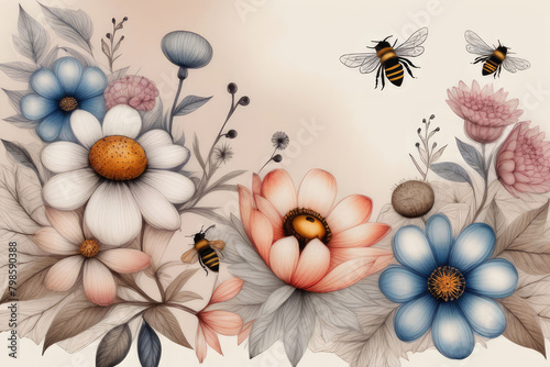 Summer or spring cutest card or poster with hand drawn bee on a wildflowers. © elena_hramowa