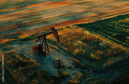 Amidst a vast oil field, a solitary crude oil pump stands tall