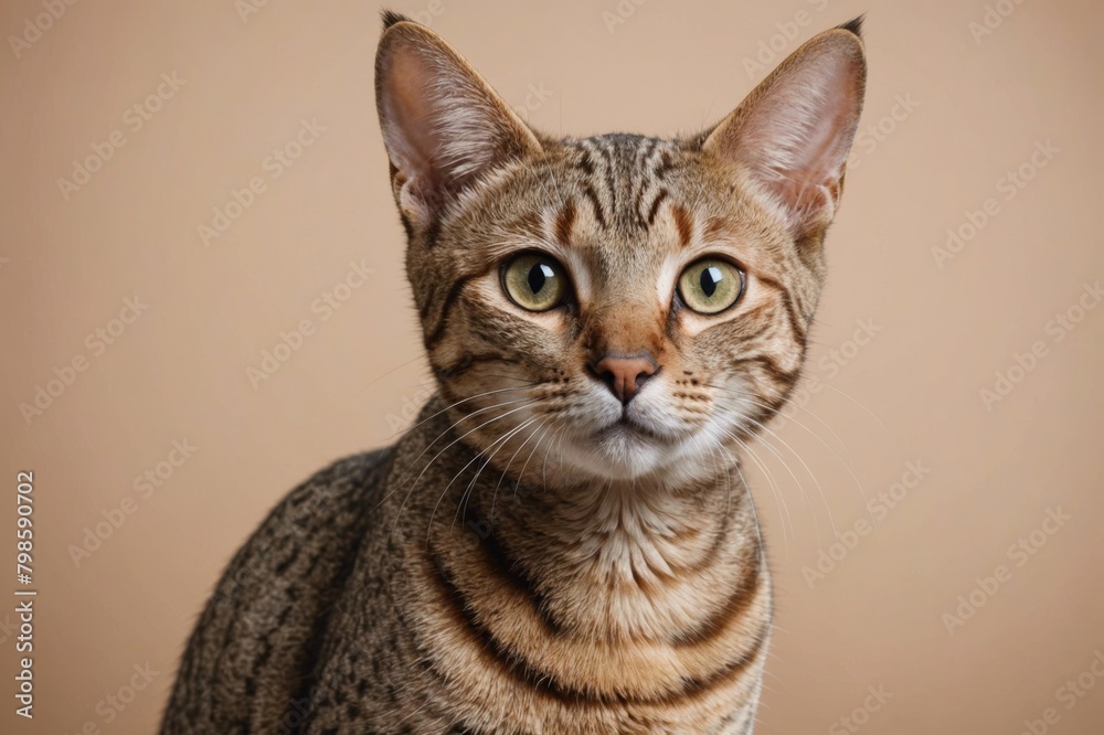 Portrait of Ocicat cat looking at camera, copy space. Studio shot. Portrait of Ocicat cat looking at camera, copy space. Studio shot.