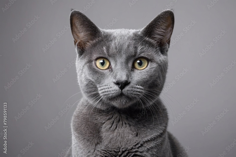 Portrait of Russian Blue cat looking at camera, copy space. Studio shot.