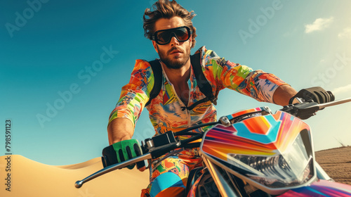 Man riding sports bike in multicolored riding goggles photo