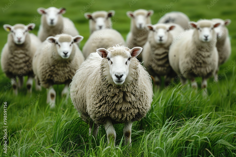 Naklejka premium Group of fluffy white sheep grazing on lush green grass