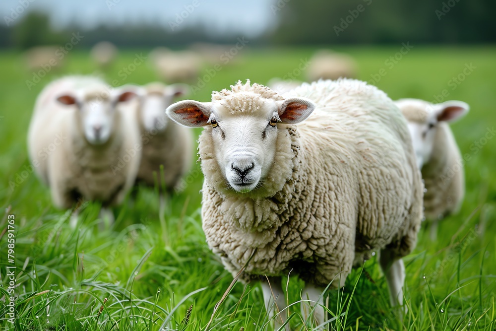 Obraz premium Group of fluffy white sheep grazing on lush green grass
