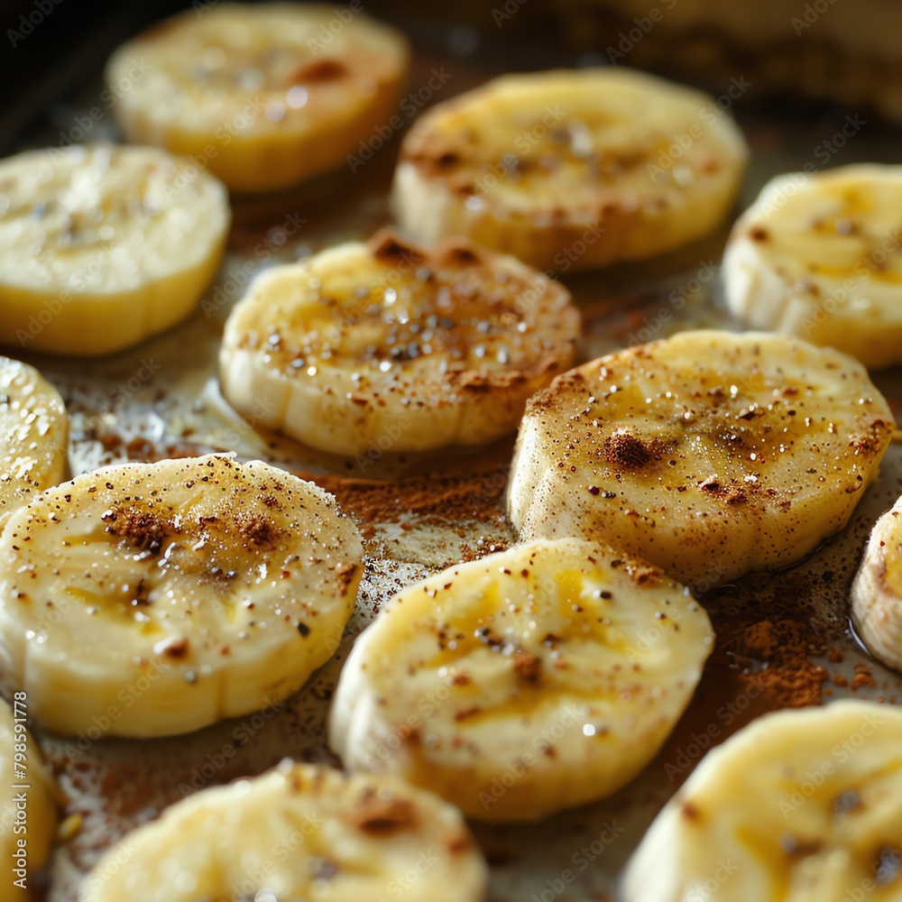 Close-up of fresh banana slices sprinkled with cinnamon, focusing on texture and flavor for a culinary-themed project