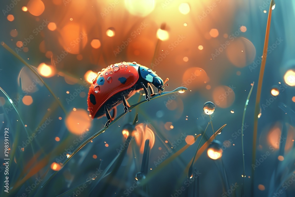 Ladybug perched atop a swaying blade of grass in a dewkissed garden Ladybug perched atop a swaying blade of grass in a dewkissed garden