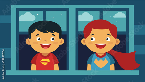 Two childhood friends laugh and share stories as they peek through the windows of their secret hideaway laughing at how they used to pretend to be. Vector illustration