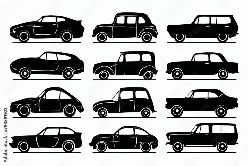 A set of different types of vehicles on white background, set of transport silhouettes
