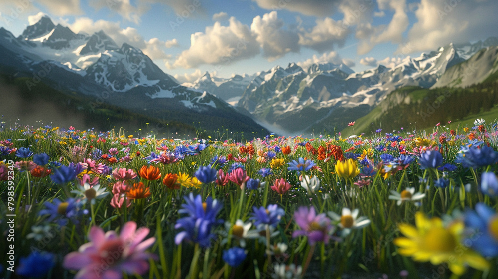 Meadow Magic A mesmerizing tableau of an alpine meadow alive with the colors of spring, where vibrant wildflowers bloom in profusion, creating a scene of enchanting beauty and serenity.