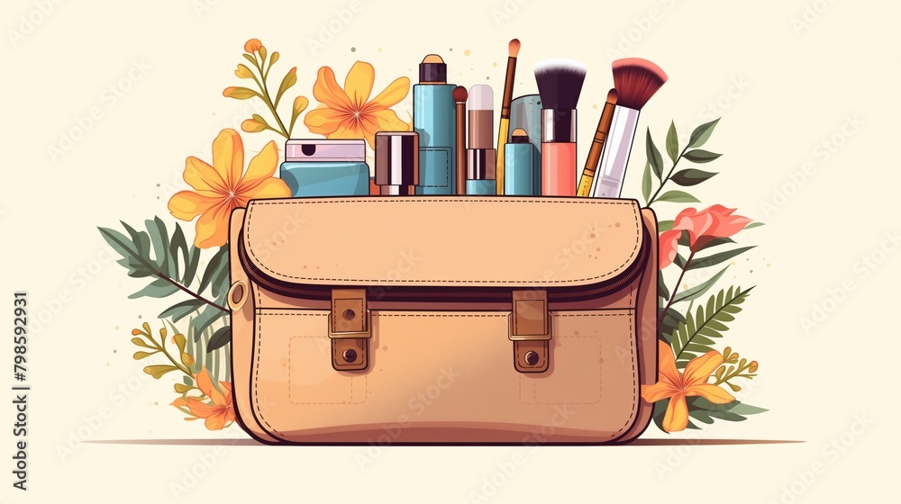 Vector illustration of a stylish makeup bag filled with essential beauty products and accessories. - obrazy, fototapety, plakaty 