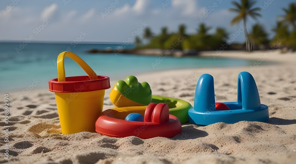 Set of plastic beach toys and colorful ball on sand near sea.generative.ai Set of plastic beach toys and colorful ball on sand near sea.generative.ai