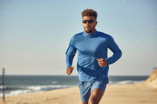 young handsome man running on the beach