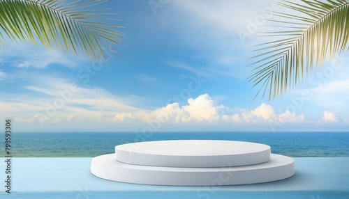 Coastal Charm  3D Podium Display Set Against Palm Leaves  Clouds  and Blue Sky Vector Backdrop for Summer Product Showcase