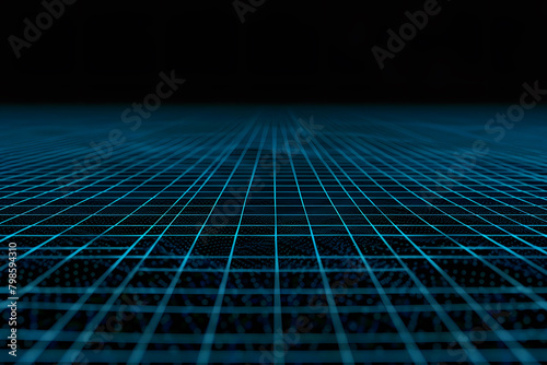 Black background with turquoise lines on the floor forming squares