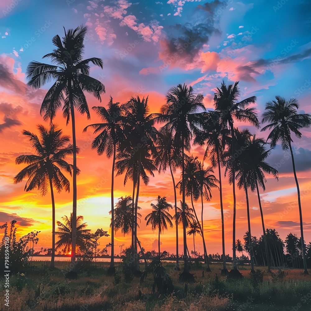 Sunset over a coconut farm, with the silhouette of coconut trees against a vibrant sky, creating a serene and picturesque setting for lifestyle and travel themes.