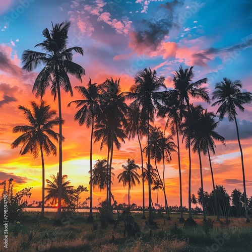 Sunset over a coconut farm  with the silhouette of coconut trees against a vibrant sky  creating a serene and picturesque setting for lifestyle and travel themes.