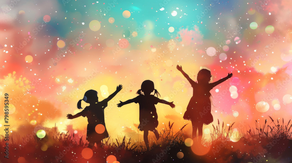 Illustration of three children's silhouettes stand out against a backdrop of clear bright colors Illustration of three children's silhouettes stand out against a backdrop of clear bright colors