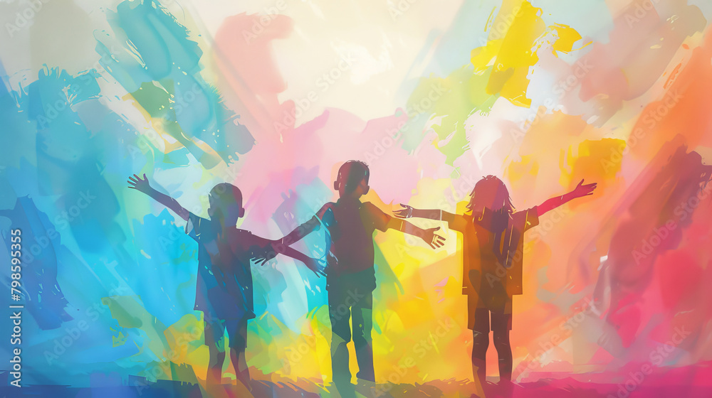 Illustration of three children's silhouettes stand out against a backdrop of clear bright colors