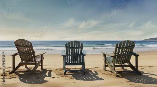 Watercolor painting draw of a beach scene with chairs sea.generative.ai