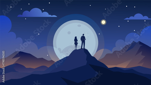 Amidst a sea of stars two silhouettes stand on a mountaintop engaged in a lifechanging conversation under the moon.. Vector illustration