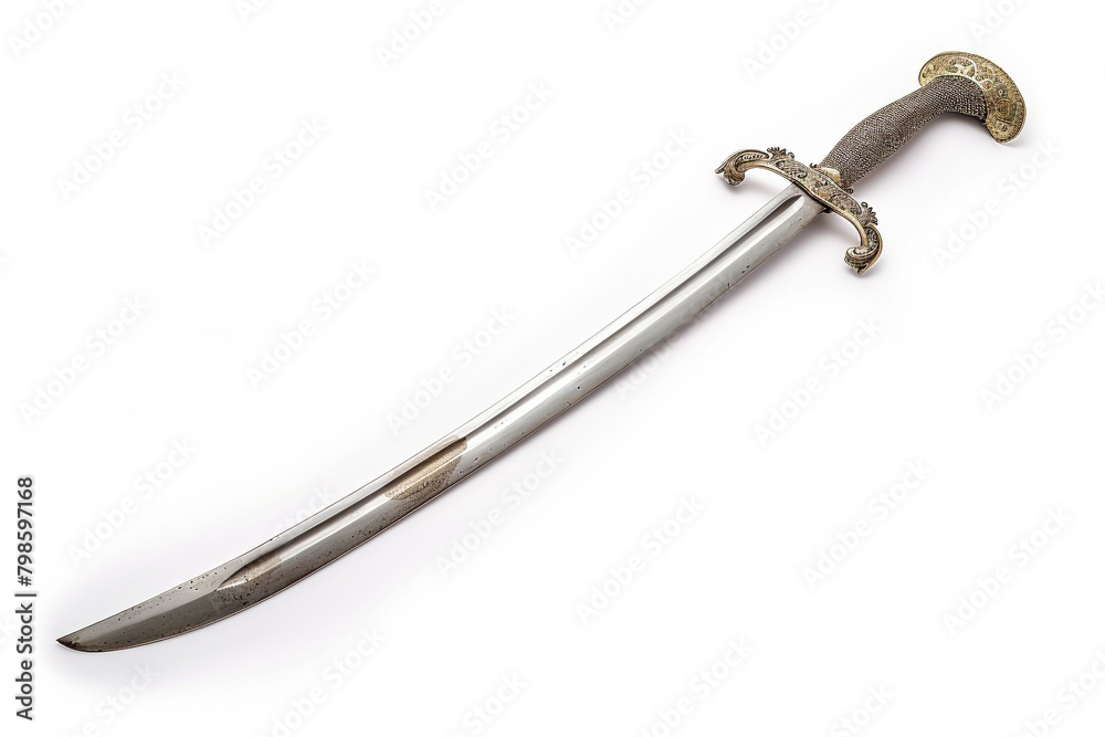 A slender, elegant sabre with a silver basket hilt, isolated on solid white background. A slender, elegant sabre with a silver basket hilt, isolated on solid white background.